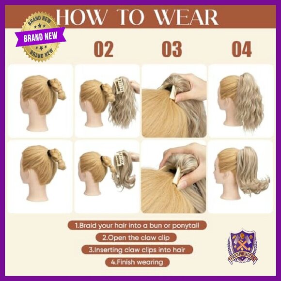 2-Piece Synthetic Ponytail Extensions with Claw Clip, 12-14 Inch Wavy Curls